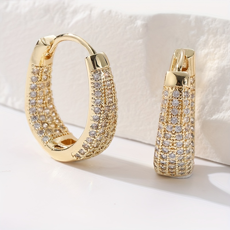 TEMU Shiny And Luxurious Geometric Copper Earrings Inlaid With Synthetic Synthetic Zirconia, A Simple And Exquisite Women's Accessory. Bohemian-style
