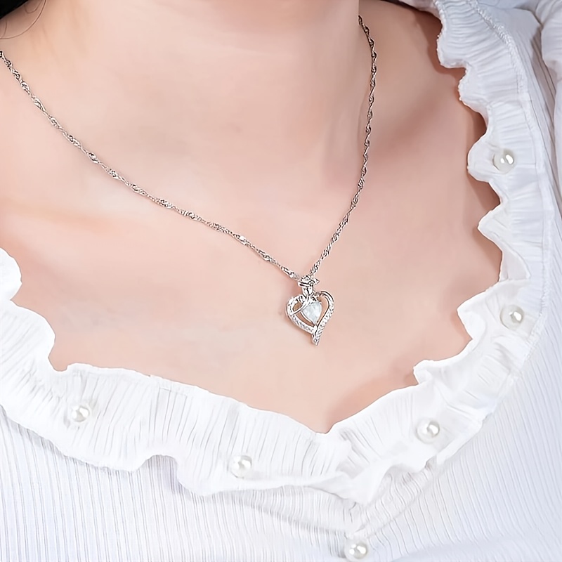 S925 Heart Pendant Necklace Opal CZ Girlfriend Gift
