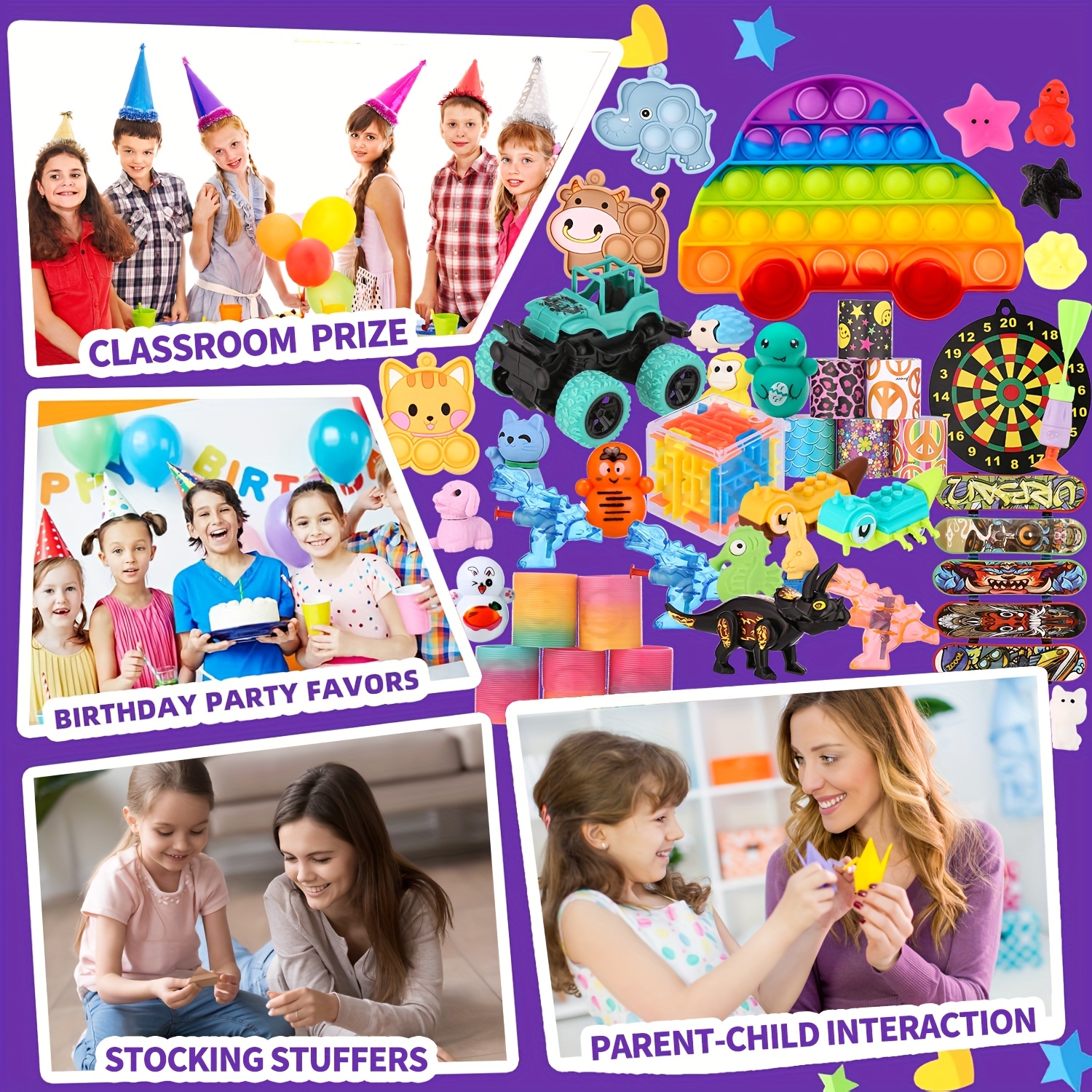 128pcs Party Favors for Kids 3-5 8-12, Pop Fidget Toys Pack Birthday Gifts Bulk Toys Goodie Bag Stuffers, Treasure Box Toys for Classroom Prizes Pinata Stuffers Random Color