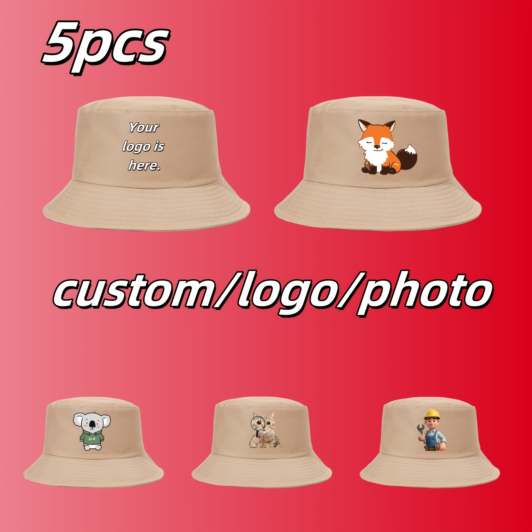 5pcs Custom Logo Double-Sided Bucket Hats