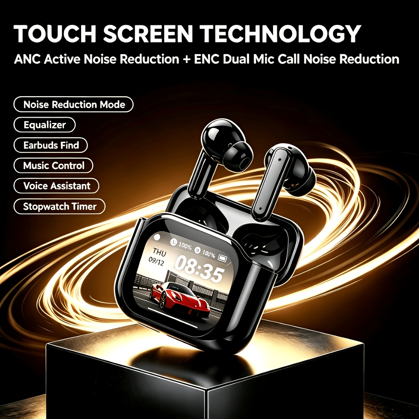 TEMU New Tws Screen Display Wireless Active Anc Noise Cancelling Earbuds, Long , Hifi , Microphone, Touch Control, Type-c Charging Case, Suitable For