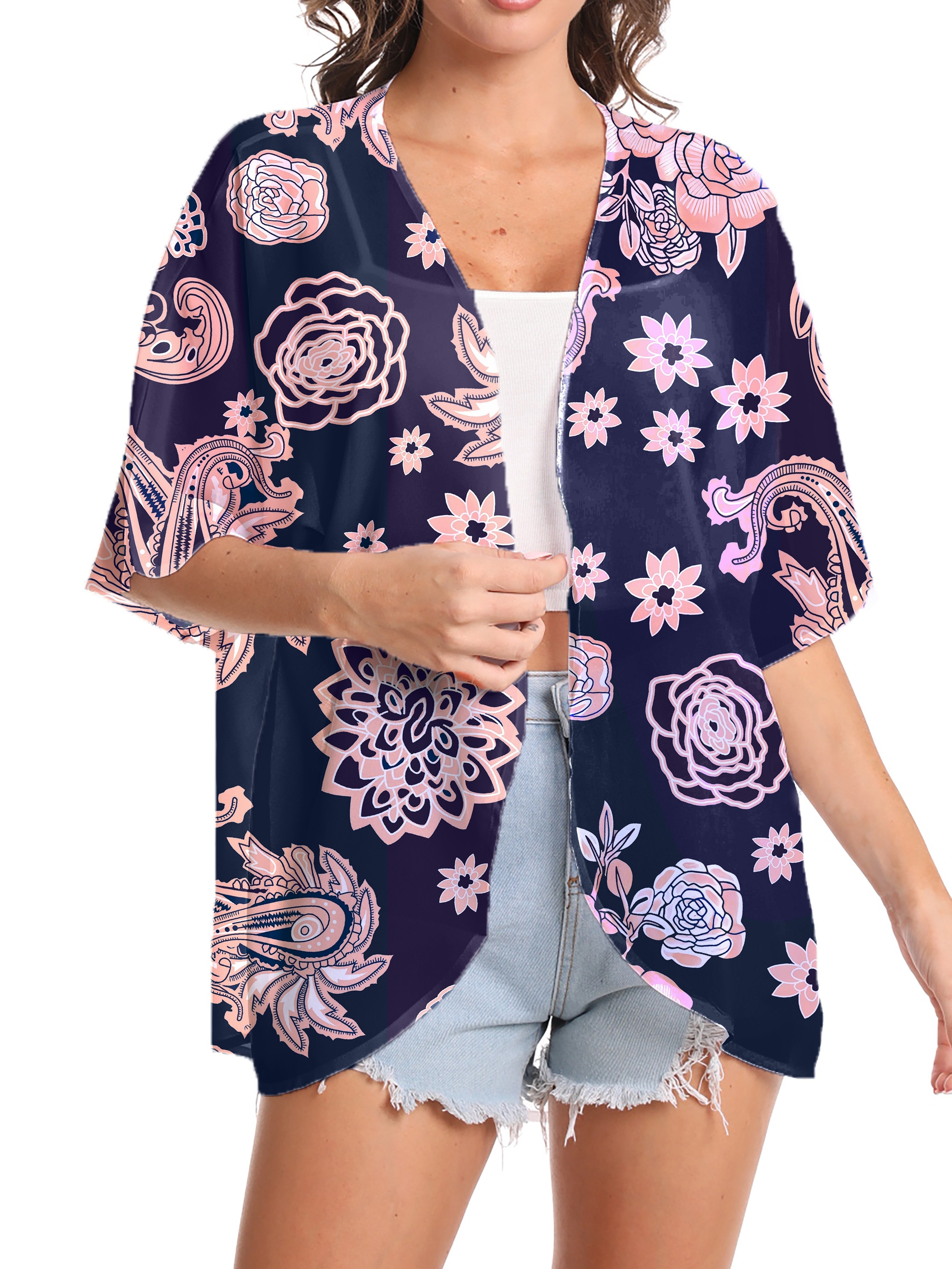 Floral Print Cover Up Cardigan, V Neck Loose Fit Half Sleeves Casual Beach Kimono, Women's Swimwear & Clothing