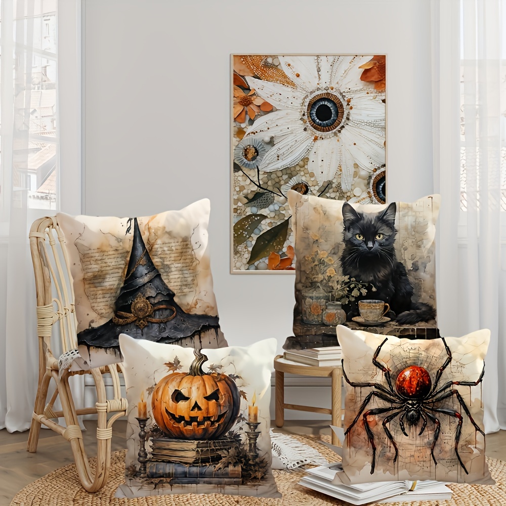 

4-pack Halloween Throw Pillow Covers Traditional Style - 18x18 Inch, Polyester Zippered Cushion Cases With Spider, Pumpkin, Black Cat Patterns, Machine Washable For Living Room Decor