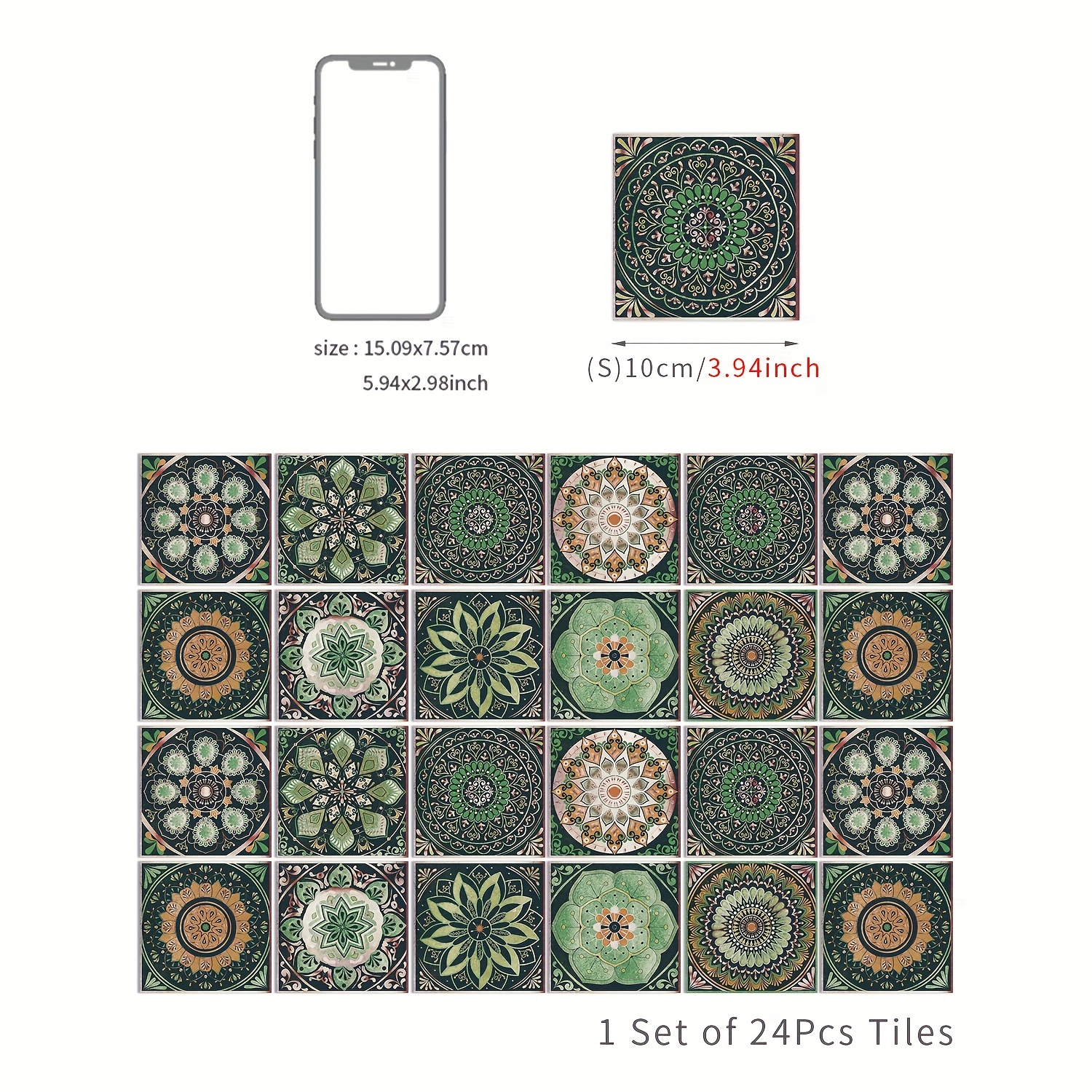 48pcs Moroccan Mandala Tile Decals - Waterproof & Self-adhesive Vinyl, Easy Diy Wall Decor For Kitchen & Bathroom, 5.91" Rectangles