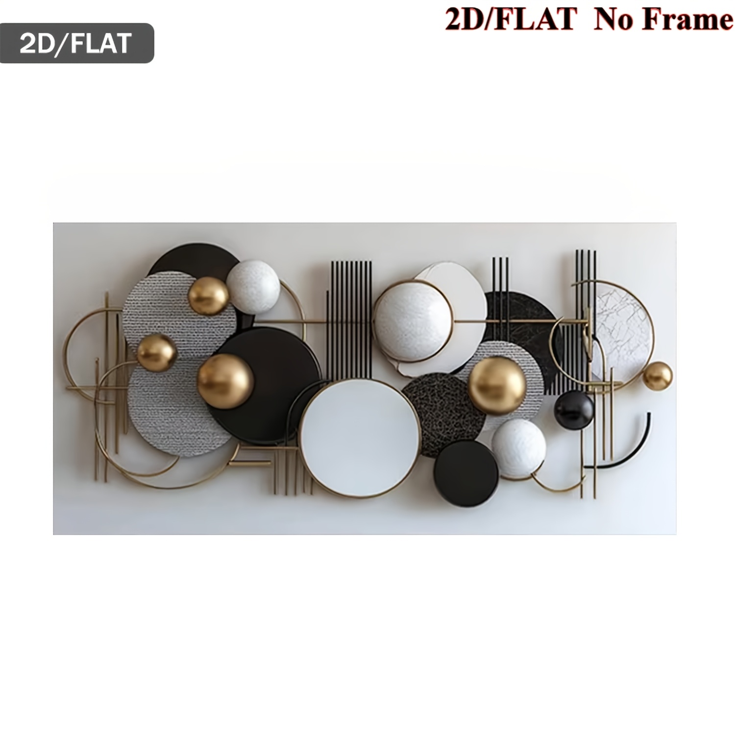TEMU 2d Flat, 2d Flat, Large Size Frameless Decorative Painting, Black White Gray Golden Geometric Circular Combination Wall Art, Suitable For Living