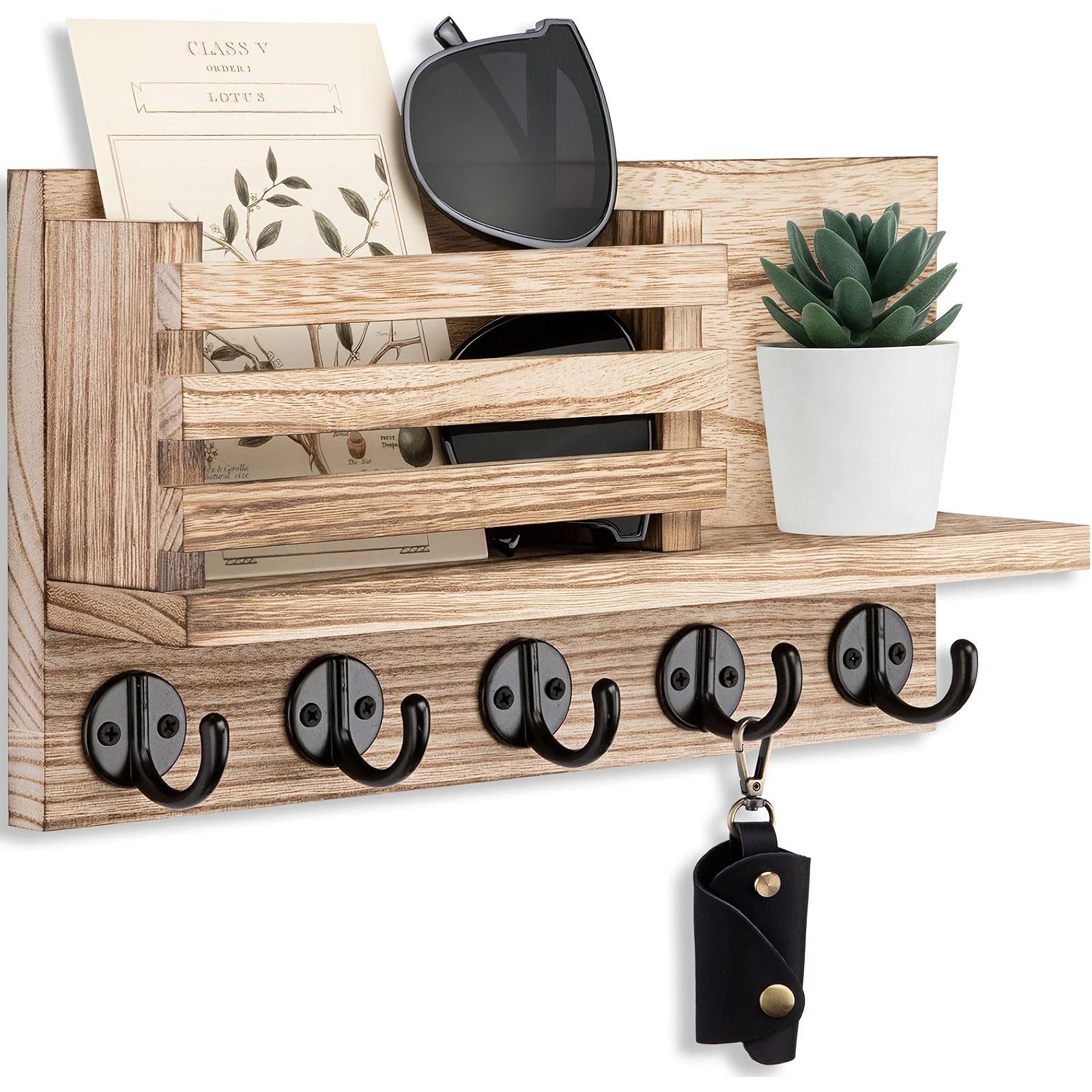 Key Holder For Wall – Decorative Wooden Mail Holder And Key Shelf With Mounting Hardware, Installation Guide – Wood With 5 Metal Key Hooks