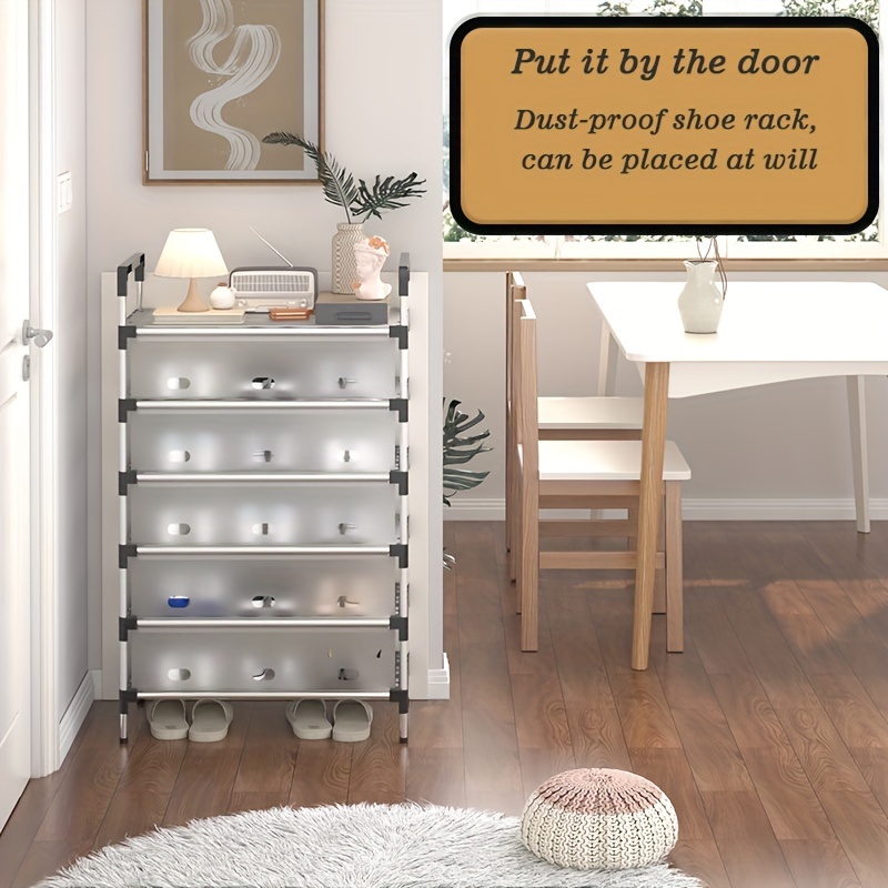 6 7 tier metal shoe rack with dust cover space saving design easy assembly fits 18 21 pairs multi functional storage for entryway closet bedroom garage stand up shelving unit 3