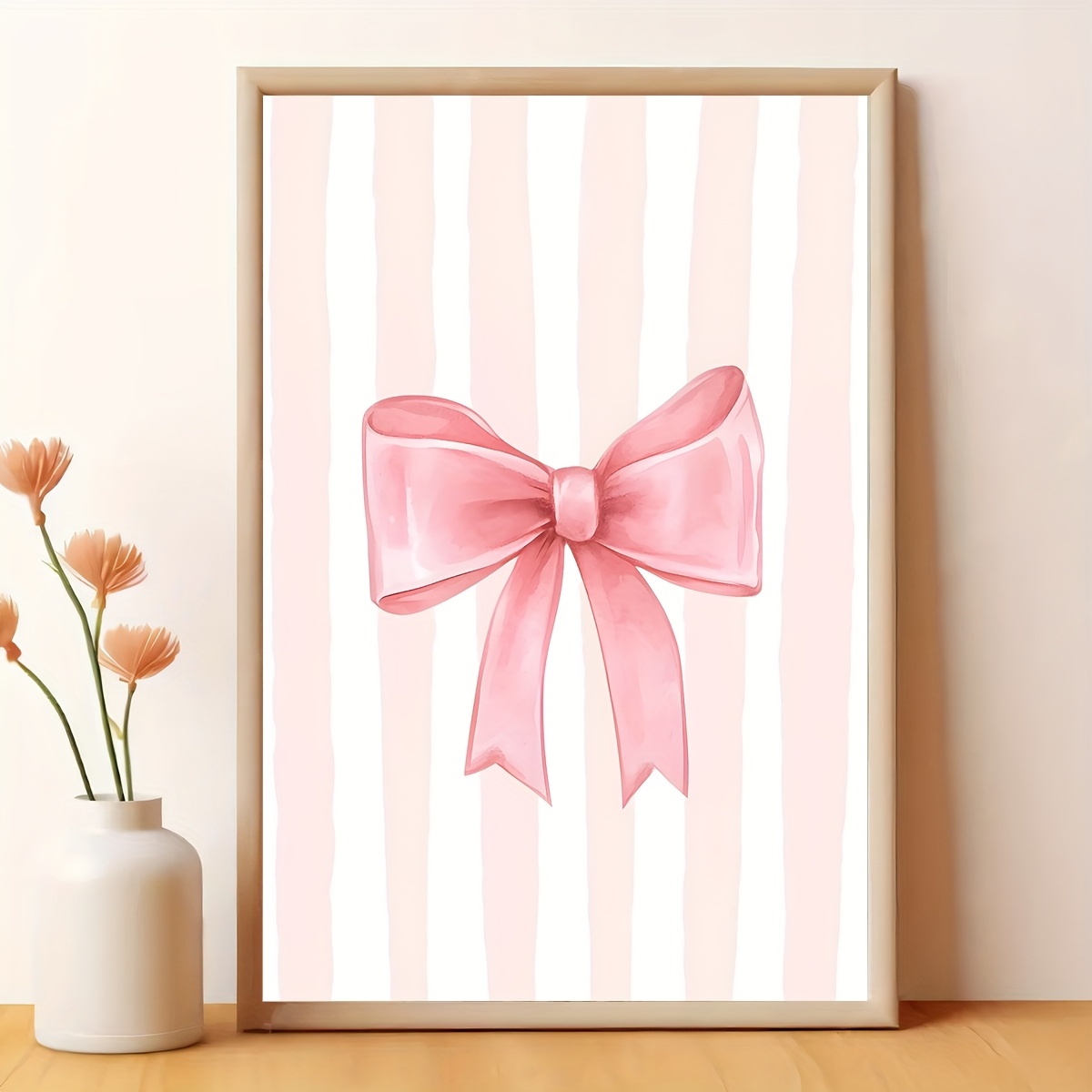 TEMU 1pc Unframed Cartoon Pink Striped Art Poster With Cute Bow, Modern Canvas Wall Art For Living Room, Bedroom, Kitchen, Bathroom, Or Corridor