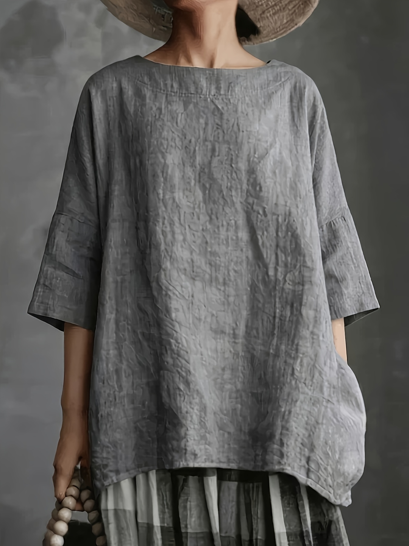   womens   round neck top linen texture loose drop shoulder short sleeve shirt breathable texture commuting casual literary   meat   daily comfortable lazy style shirt summer   casual versatile top