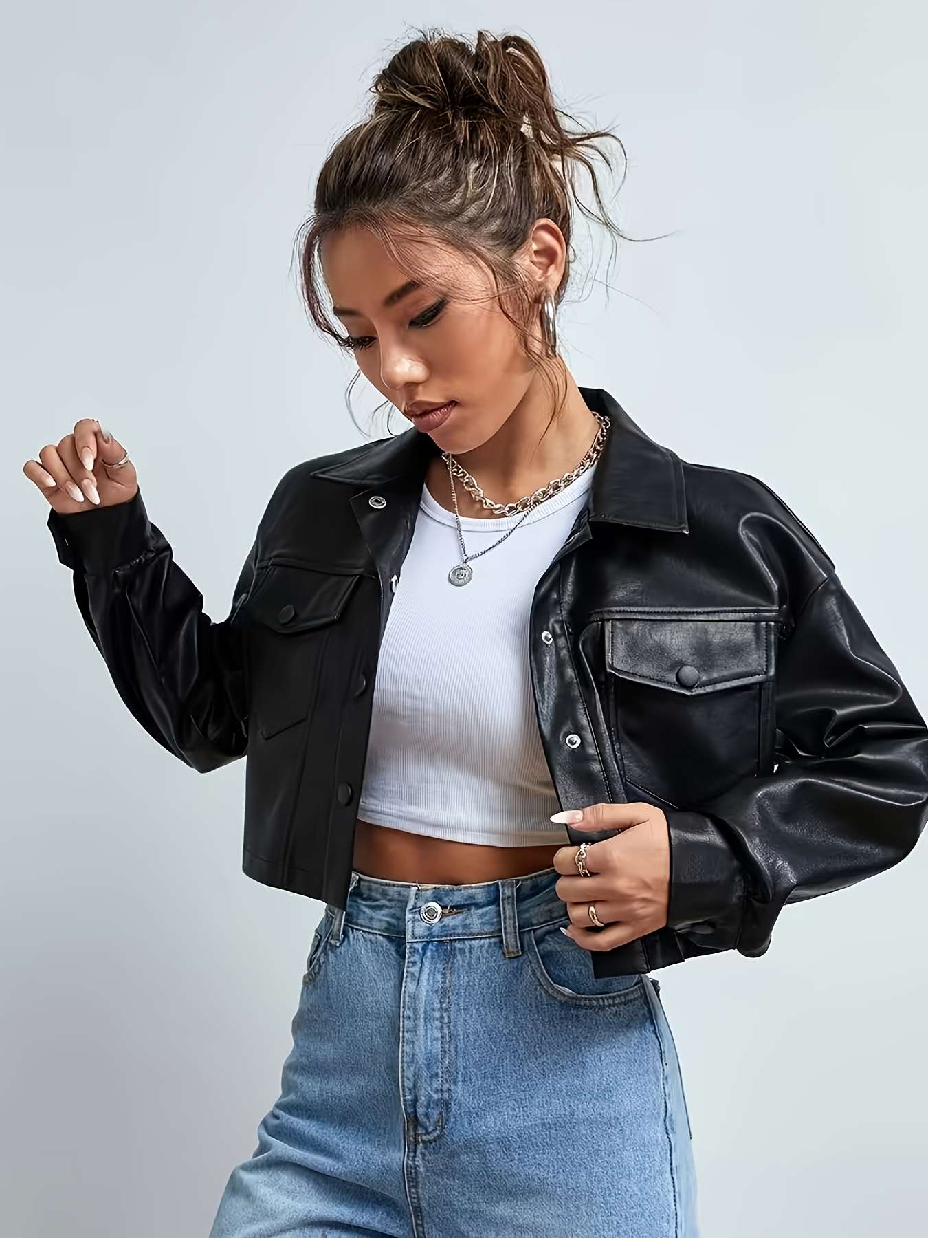 ladies fashionable pu imitation short jacket casual long - Temu Qatar