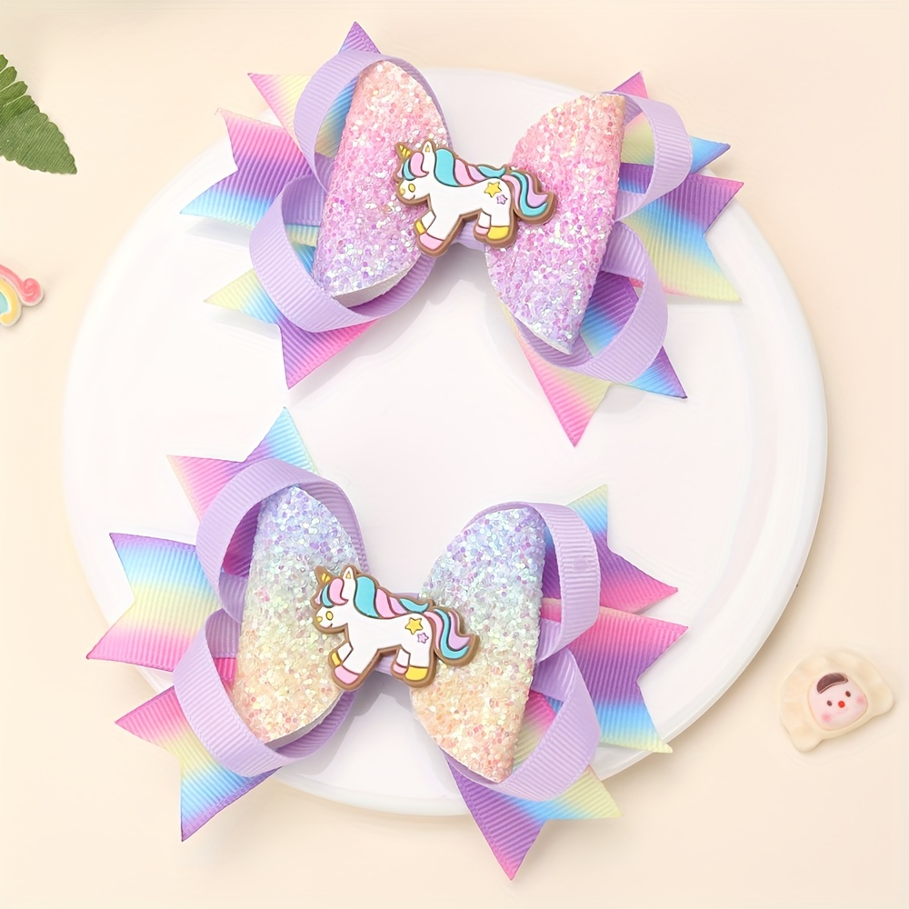 

2pcs Glitter Unicorn Hair Bow Clips For Girls, Rainbow Gradient Polyester Cartoon Hair Accessories, Perfect Birthday Gift