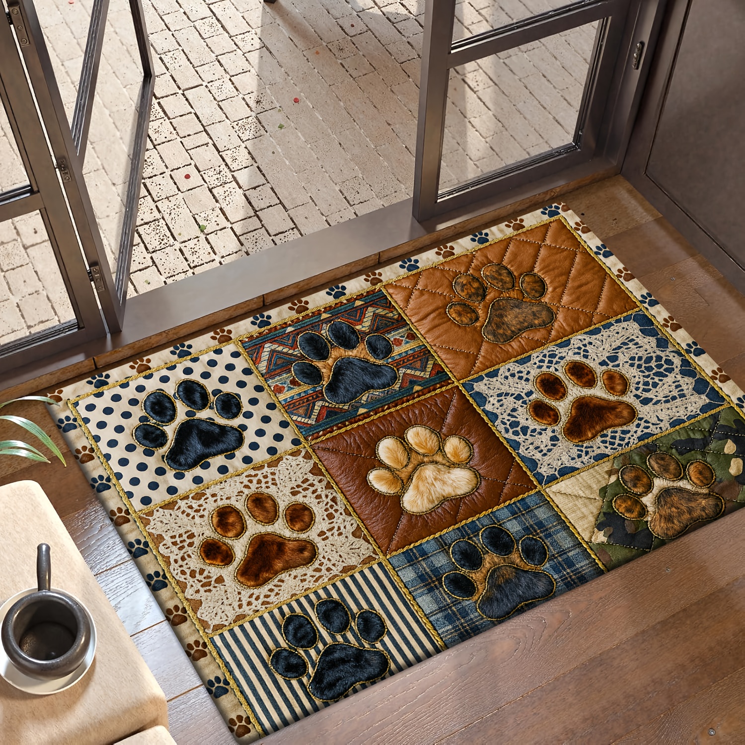 TEMU Item, Funny Door Mat With Flannel And 1cm Thick Sponge | 9-grid Design, Each Grid Features And Colors Of Dog Paws, Vintage And . Printed Pattern