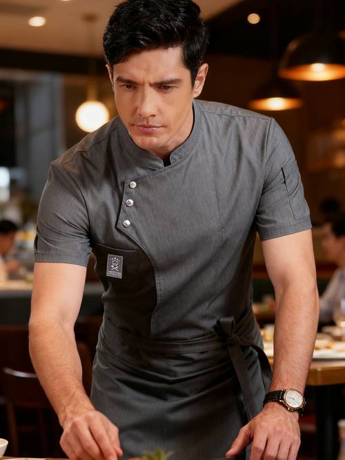 professional mens short sleeve chef uniform polyester fiber pocket detail fitted design non stretch suitable for japanese hotels cafes milk tea shops bbq shops hot pot restaurants service staff uniforms