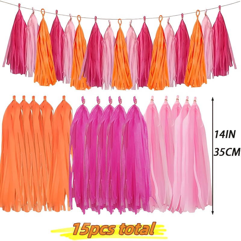 Image of Rose Red Pink And Orange Tassel Garland Banner Paper Tassels For Party Decorations, Pack Of 15