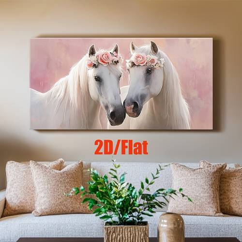Artikelbild 2d flach, 1 stück rahmenloses leinwandbild - minimalistisches zwei weiße pferde mit rosa blumenköpfen, weicher pastellhintergrund wandkunstposter für wohnzimmer, schlafzimmer, büro, café - geburtstag, hochzeit, weihnachten, abschlussgeschenk - innen-/außendekoration, ideal für weihnachten