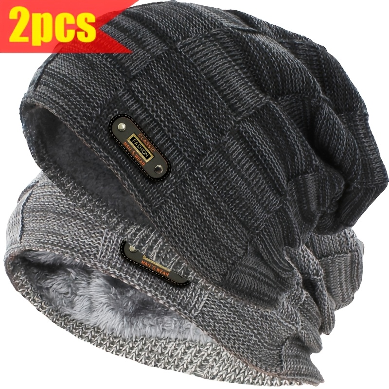 TEMU Lot de 2 nouveaux bonnets tricotés pour homme, automne/hiver, couleurs mélangées, à un bonnet pull épais en velours chaud et coupe-vent, bonnet