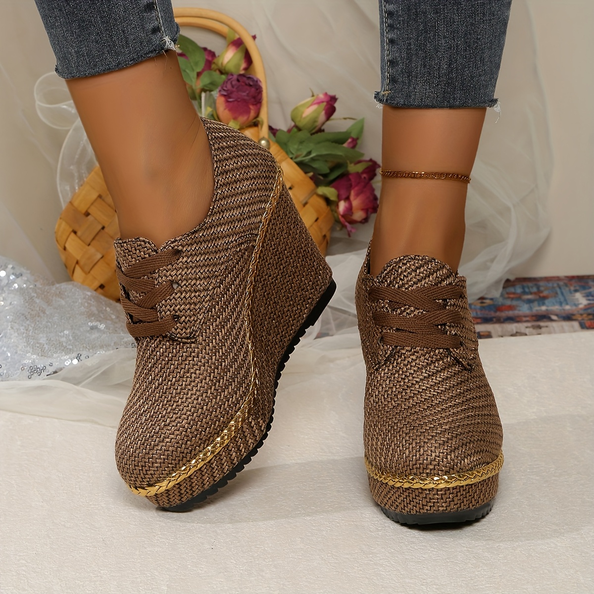 TEMU Women's Stylish Brown Braided Wedge Shoes With Golden Accents - Comfortable 10cm Platform, Lace-, Casual Footwear, Casual Footwear | Braided