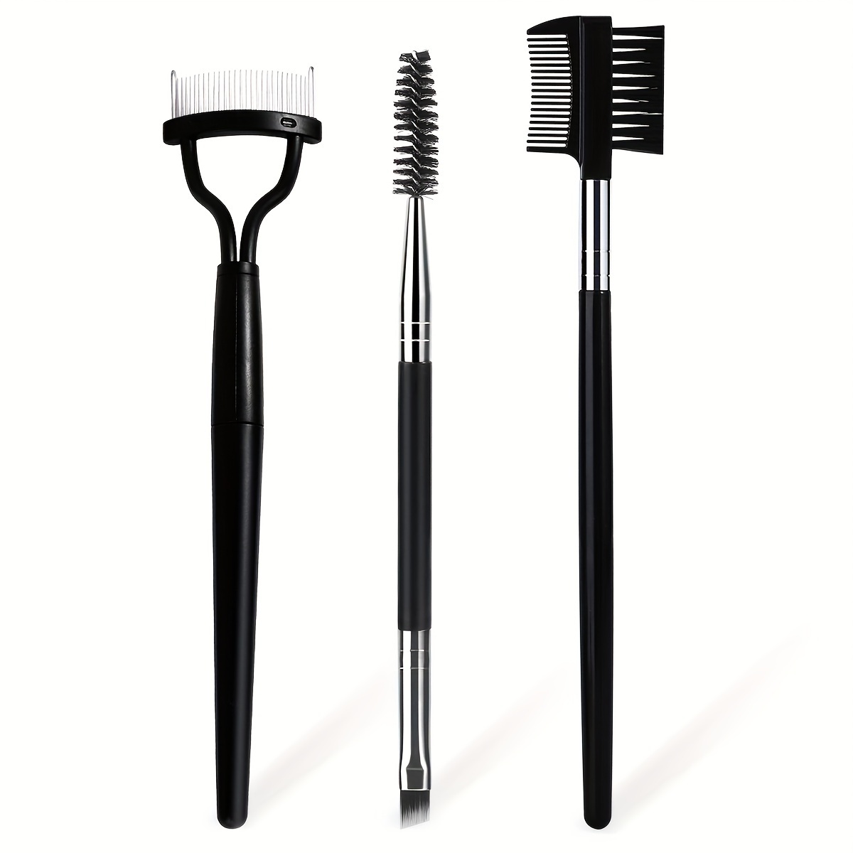 

3pcs Professional Makeup Tool Set: Stainless Steel Eyebrow & Lash Comb, Silicone Mascara Brush, And Separator - Sleek For Types