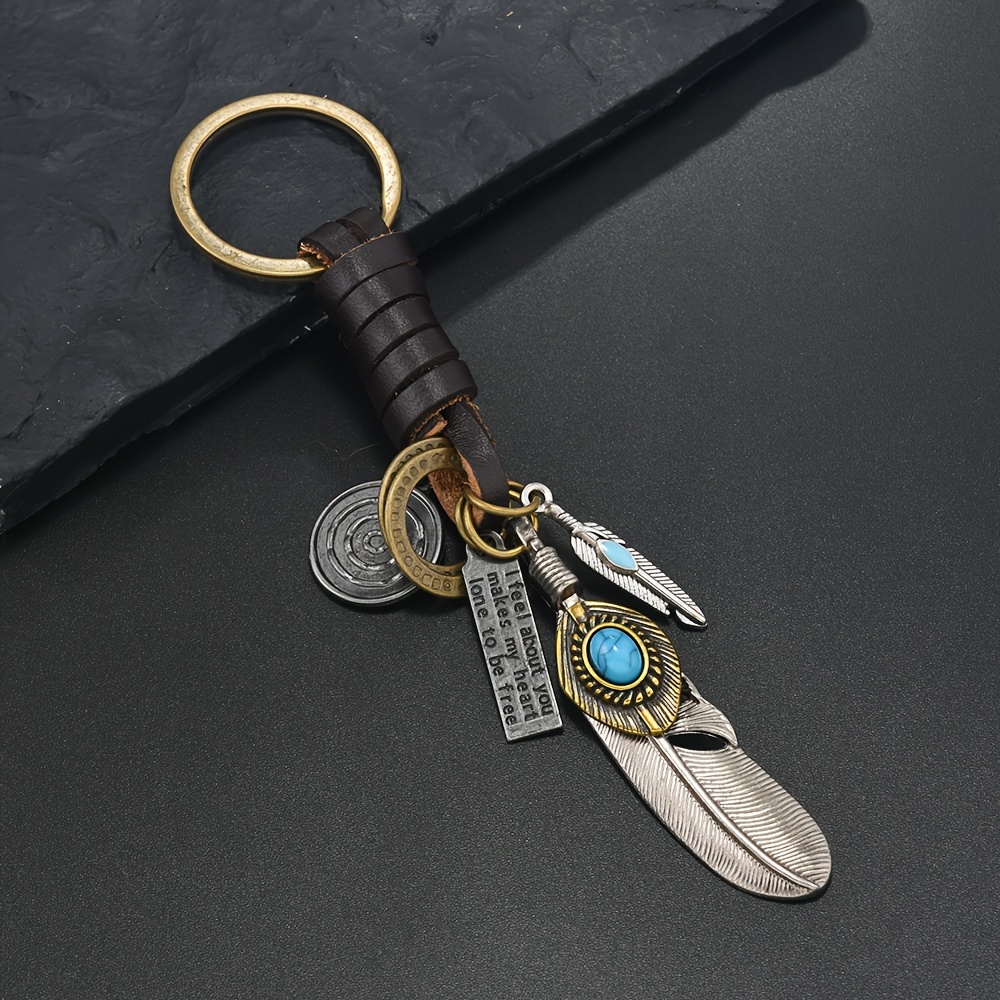 

1pc Huanming Funky Zinc Alloy Keychain With Turquoise Feather, Vintage Braided Leather Wrap, Antique Brass Keyring For Men And Women, , Gift-ready