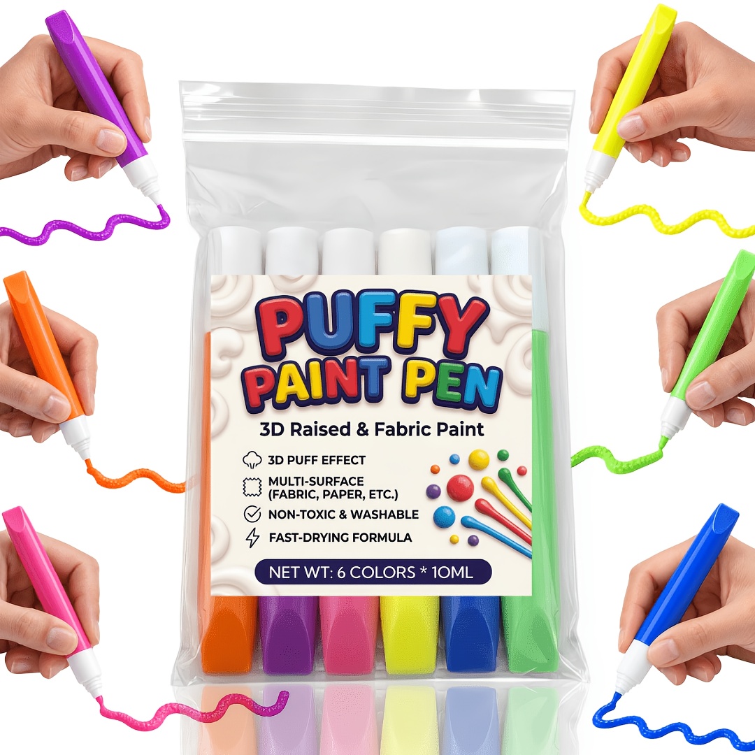 TEMU 6pcs Popcorn Pens 3d Puffy Bubble Effect, Professional Art Supplies, Birthday Gift For Adults, For Fabric Paper Handmade Decoration