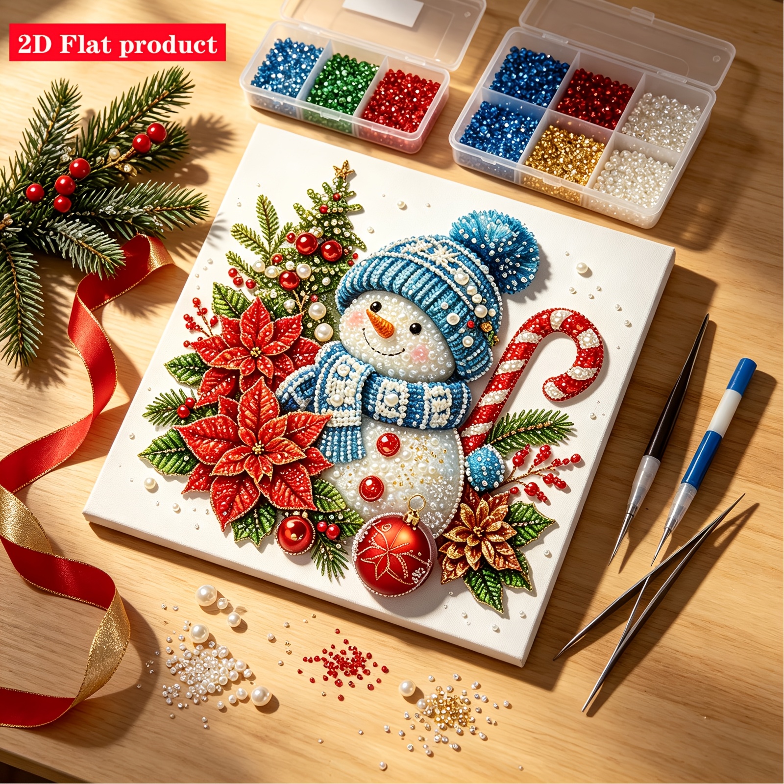 item picture 2d flat christmas snowman floral mosaic diamond painting kit with pearl   suitable for wall decor frameless suitable for living room bedroom holiday ornament craft gift for year round decoration 2d flat