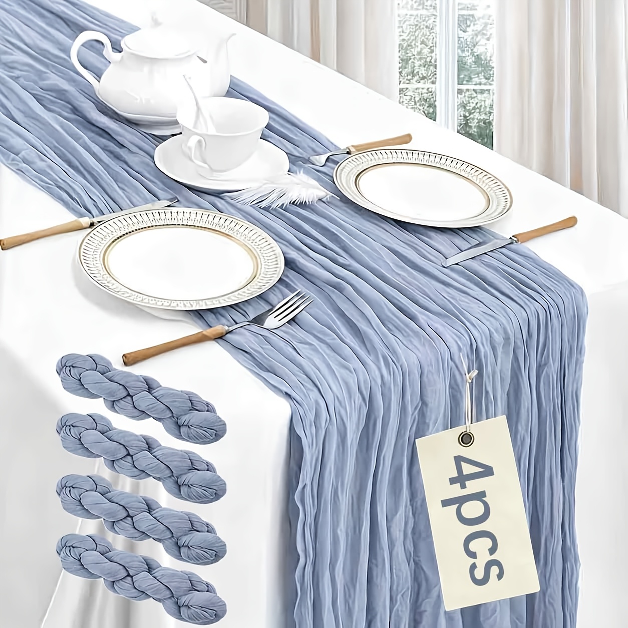 Image of 4pcs Blue Cheesecloth Table Runner, 45cm*275cm, Bohemian Gauze Cheesecloth Sheer Table Runner, Suitable For Christmas, Wedding, Party, Children's Baptism, Spring, Easter Decoration