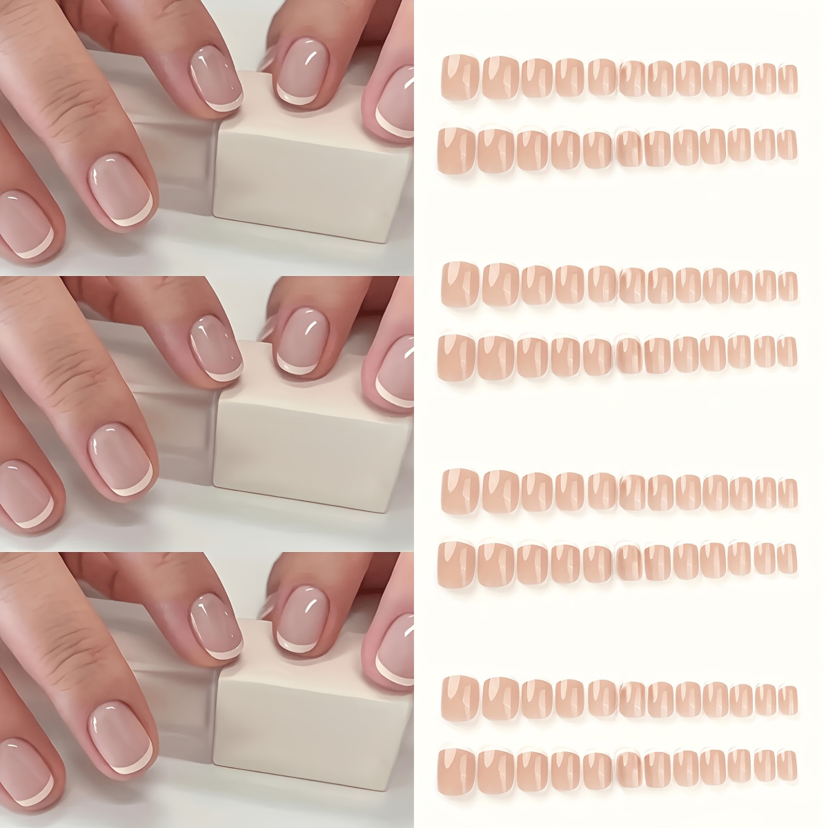 TEMU 144pcs Faux Ongles Press-On de Style Français pour DIY, Ongles Courts Ovales Réutilisables avec Pointes Blanches & Kit d'Outils de Nail Art