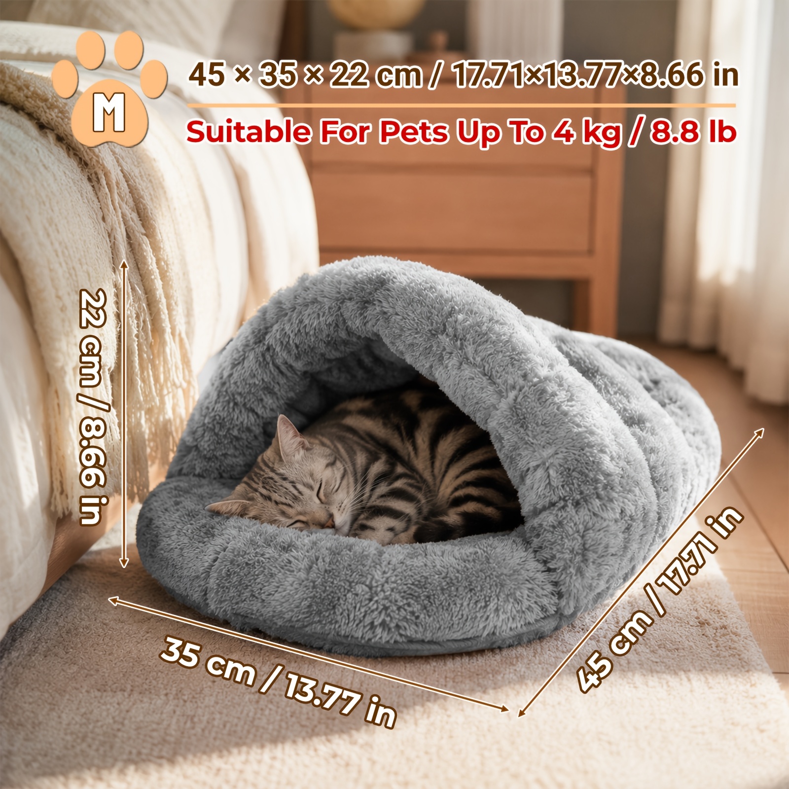 TEMU [2026 Newly Upgraded] Autumn/winter Warm Slipper-style Cat Bed, Semi-enclosed Windproof Cave, 1pc Thickened Insulated Cat Bed, Sleeping Pad For