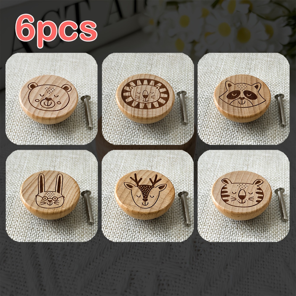 Image of Set Of 6 Unique Handcrafted Wood Drawer Knobs Featuring Animal Designs, Complete With Screws For , Perfect For Dressers And Kitchen Cabinets