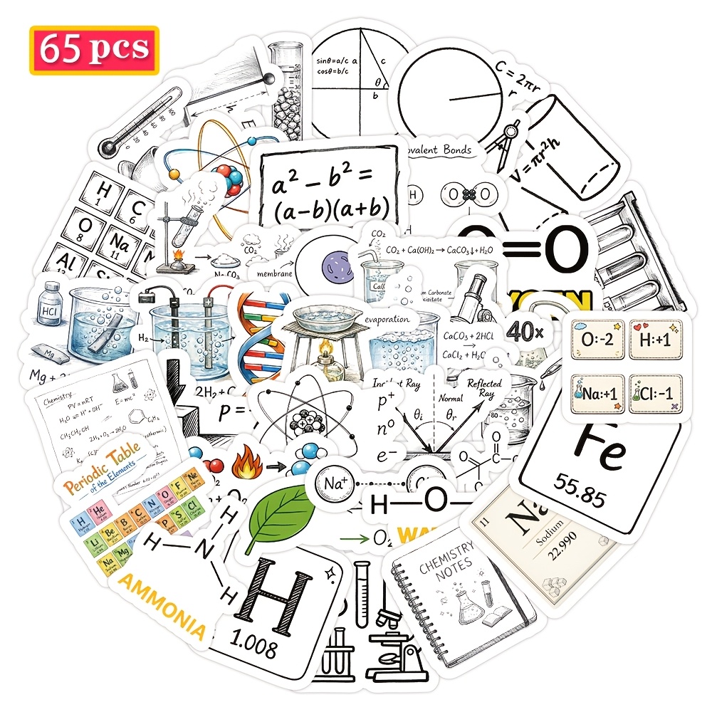 Image of A Set Of 65 Stickers For Top Students, Including Chemical Equations, Physical Laws, And Mathematical Symbols, Perfect For Highlighting Notes And Laptops And Water Bottles