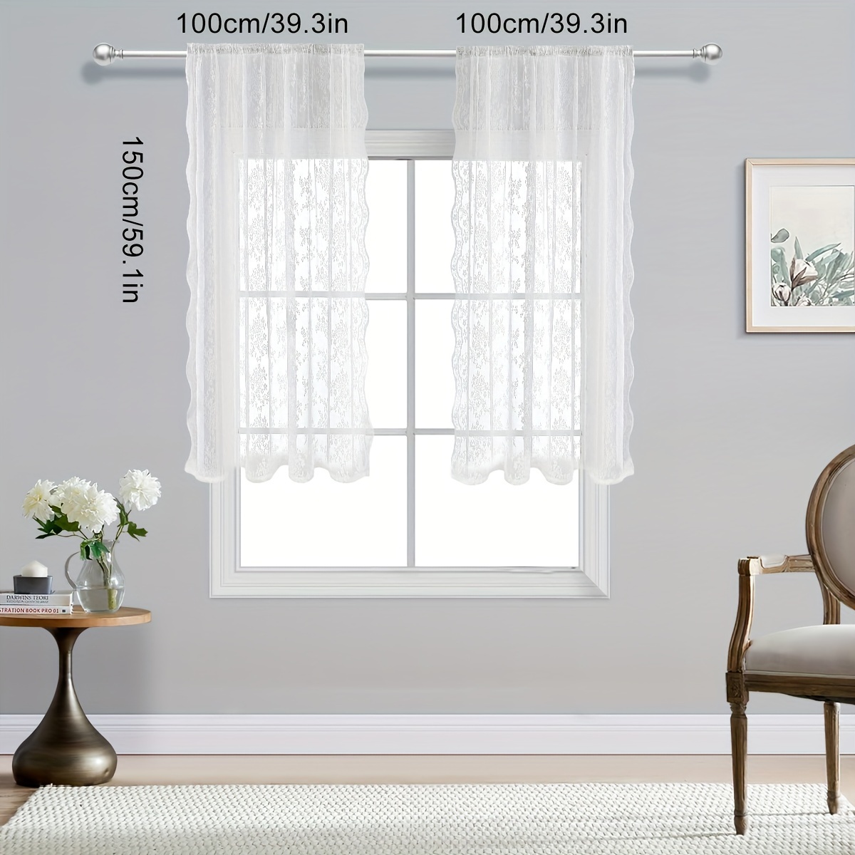 Image of 2pcs, French Romantic Lace Countryside Style Window Screen, Double-sided Lace Flower Rod Decorative Curtain Short Curtain, Suitable For Restaurant, Bedroom, Party Decorative Curtains