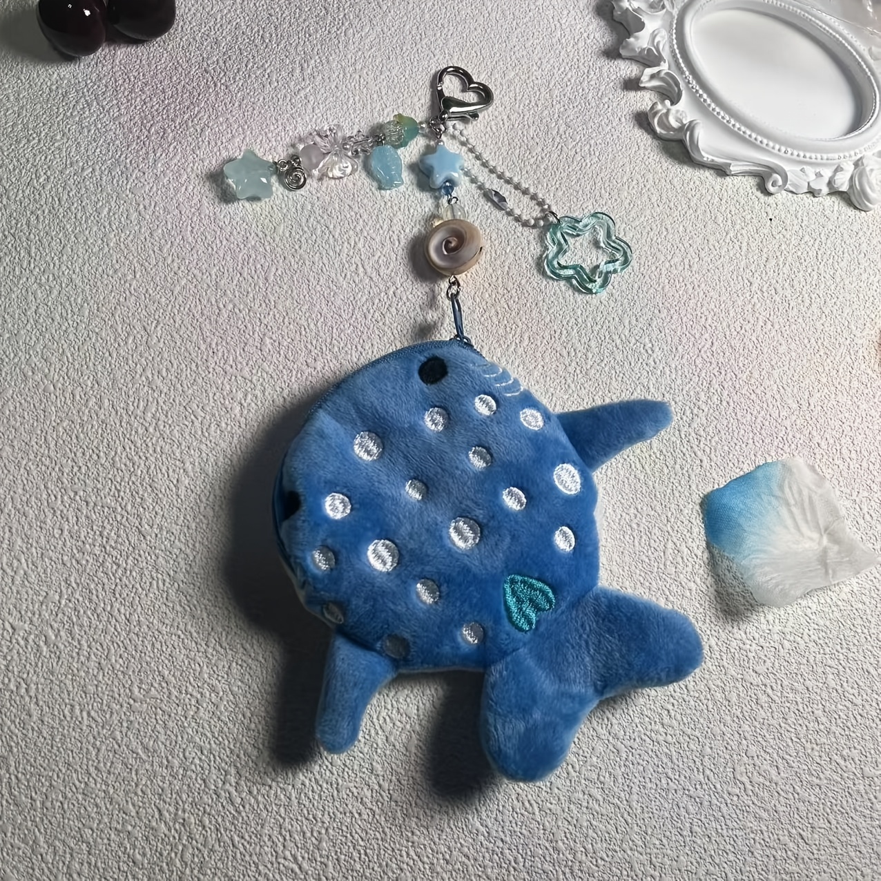 

Cartoon Style Handmade Ocean-themed Whale Shark Coin Purse With Beaded Keychain, Zip Closure, Polyurethane Lining, And Zip Pocket - Perfect Valentine's Day Gift For Girls