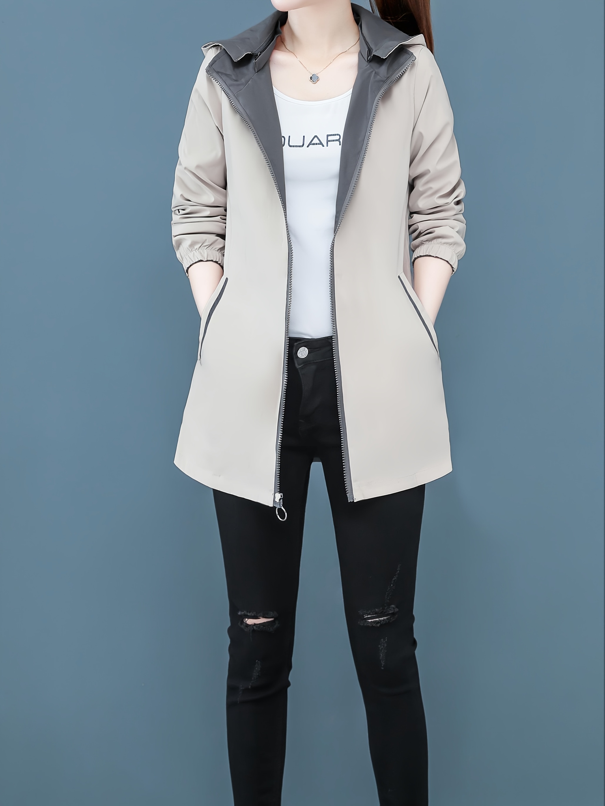 Abrigo Tipo Trench con Capucha Reversible para Mujer - Chaqueta Ajustada y Casual con Bolsillos Cremallados, Uso Doble Cara, Beige y Granate, Poliéster Ligero para Primavera/Otoño
