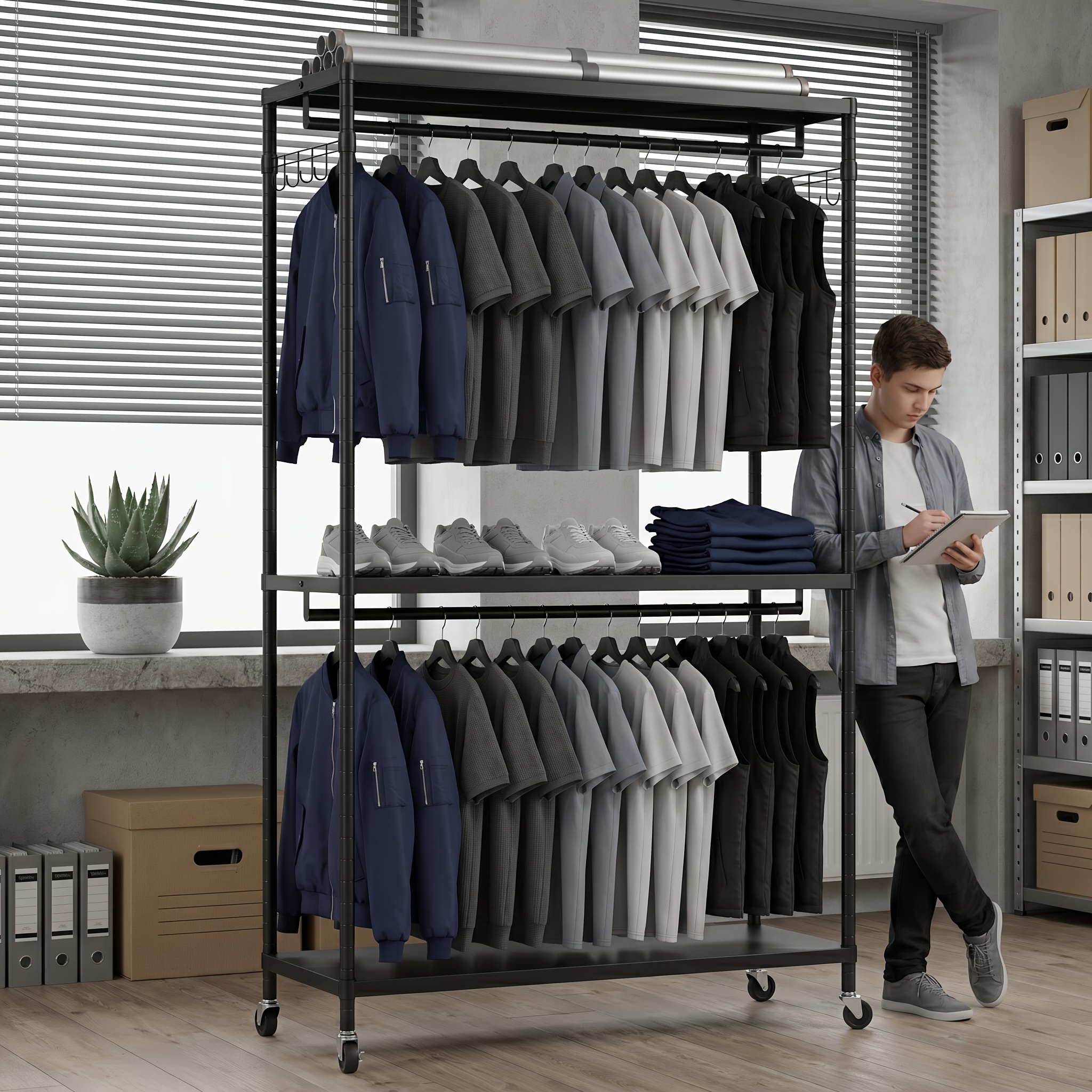 Image of Boutique Garment Rack 500lbs Heavy Duty 3 Tier Rolling Clothes Rack Double Hanging Rods Locking Wheels Side Hook For Retail Display And Home High Capacity Storage Black