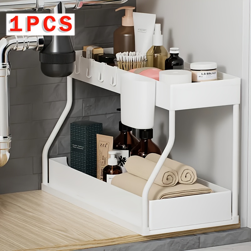 TEMU 1pc/2pcs Double Layer Capacity Pull-out Storage Organizer Drawer - Durable, Space-saving, Design For Storage, Ideal For Kitchen, Bathroom, And