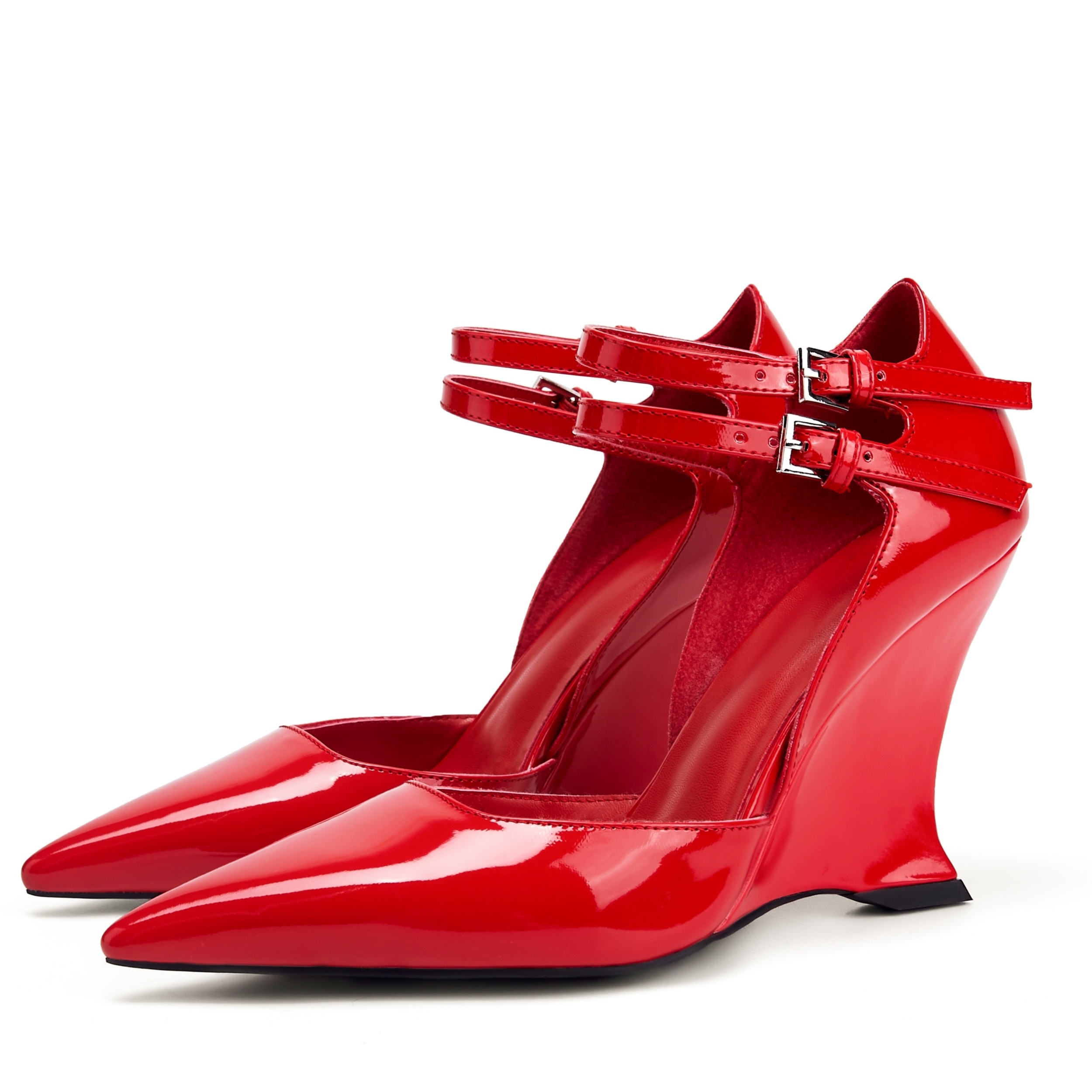 Elegant Women's Red Pointed-Toe Wedge Sandals with Glossy Ankle Strap,  High Heel, PU Cover, Microfiber Lining, Rubber Sole Dress Evening
