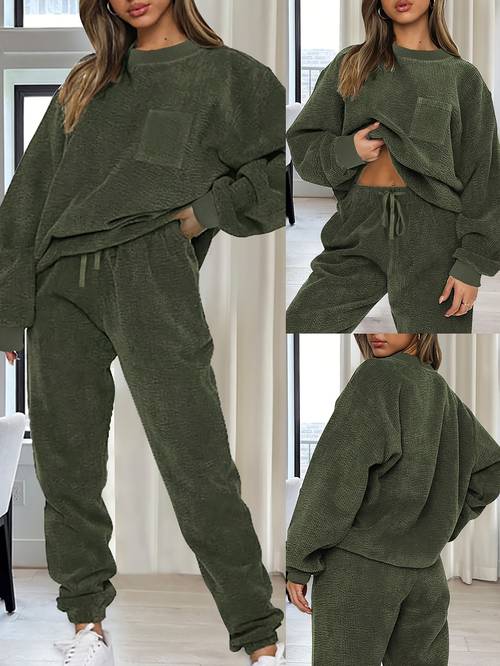 item picture womens fashion solid color round neck long sleeve top and drawstring pants casual two piece set