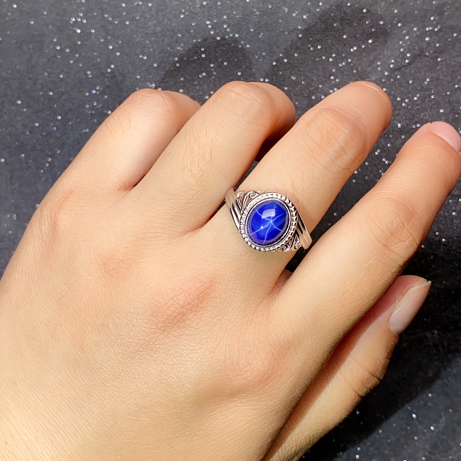 925 Silver Starlight Blue Stone Adjustable Ring, Luxury Gift
