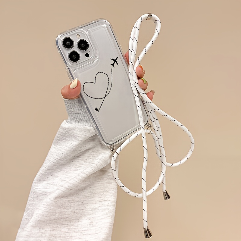 TEMU Phone Case - 2025 Innovative -in-one Shock-resistant Black Heart & Lanyard Phone Case For Iphone 16, 15, 14, 13, 12, , Pro Max, Xs, Xr, Mini, 7,