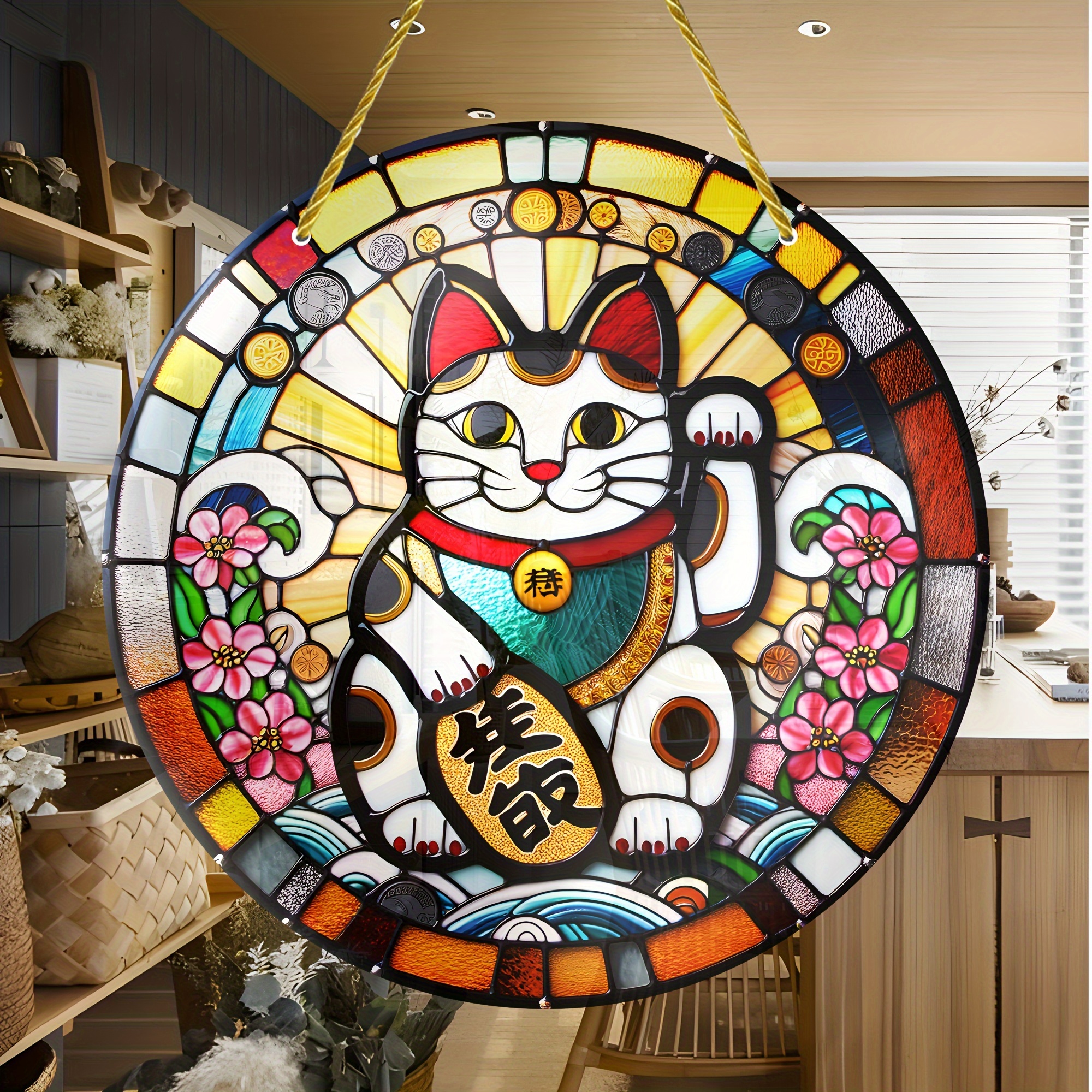 

Lucky Cat Stained Glass Suncatcher - 8 Inch Round Maneki Neko Window Hangings - Housewarming Gift For Home Decor, Unique Decorative Art For Indoor Outdoor Wall, Garden, Patio, Office, Birthday Present