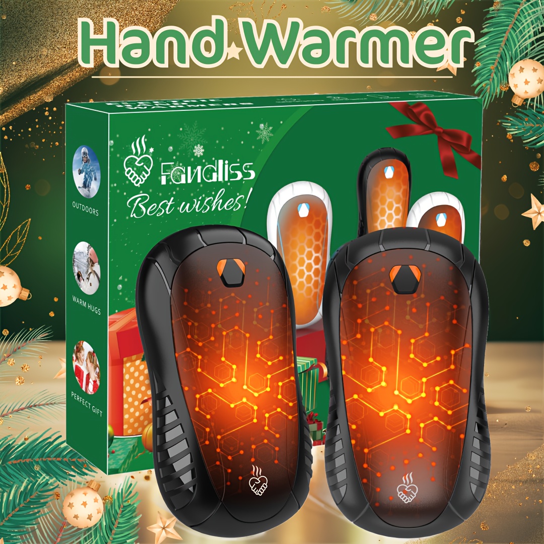 set of 2 rechargeable hand warmers featuring festive christmas packaging   with three temperature settings   pocket sized electric hand warmers are reusable and suitable for men women and children   outdoor activities like golf hunting and camping details 0