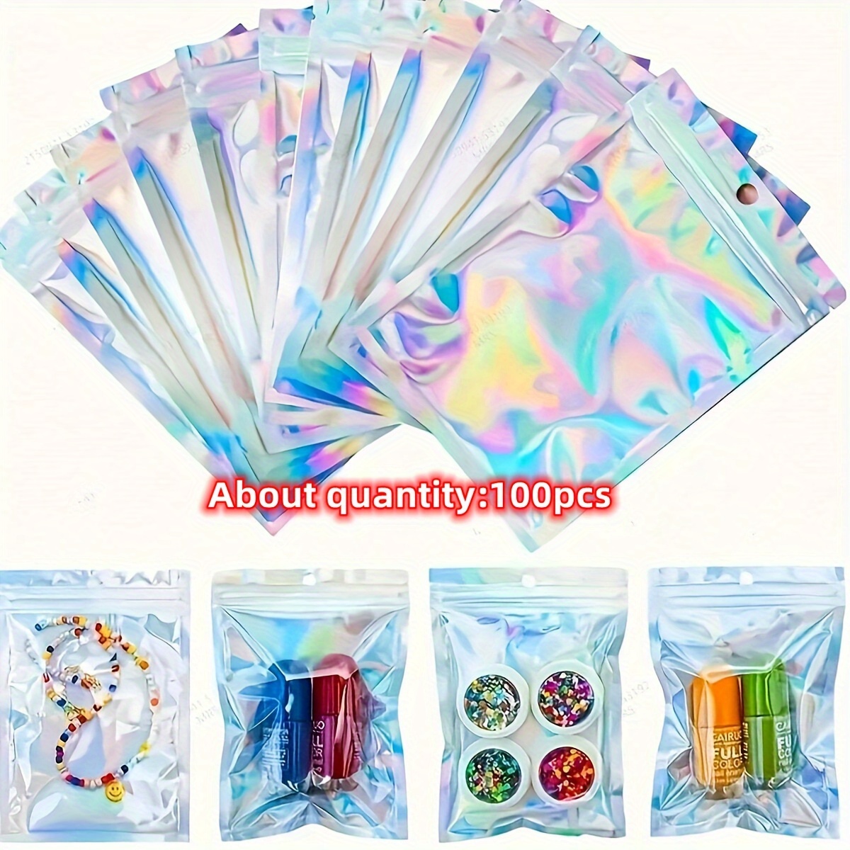 100/50pcs Fun Ab Color Light Plastic Simple Transparent Laser Color Storage Bag Earrings Pp Packaging Bag Necklace Bracelet Ring Diy Small Items