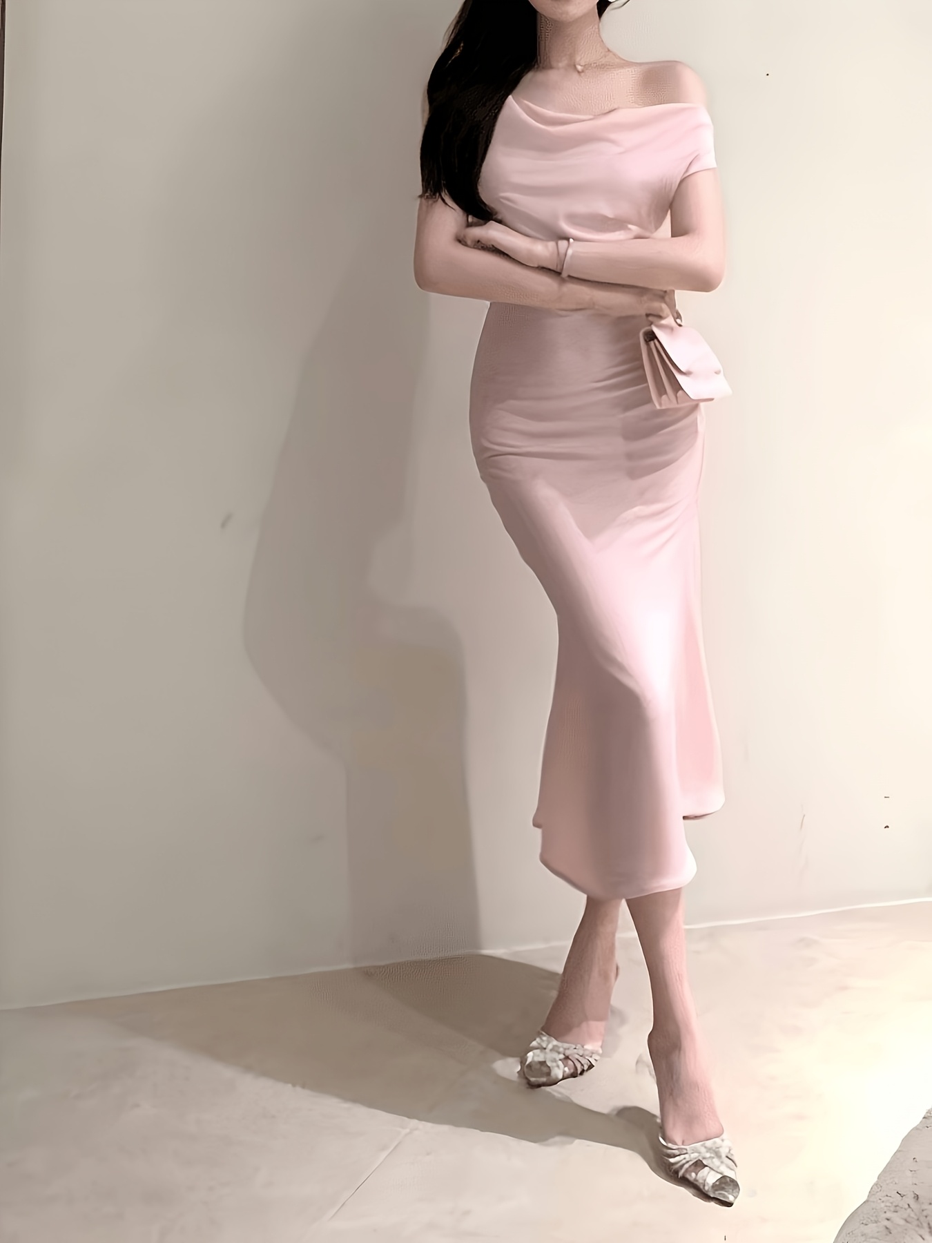 women's light pink off the shoulder dress for date night Sequin Off Shoulder Dress in Pink