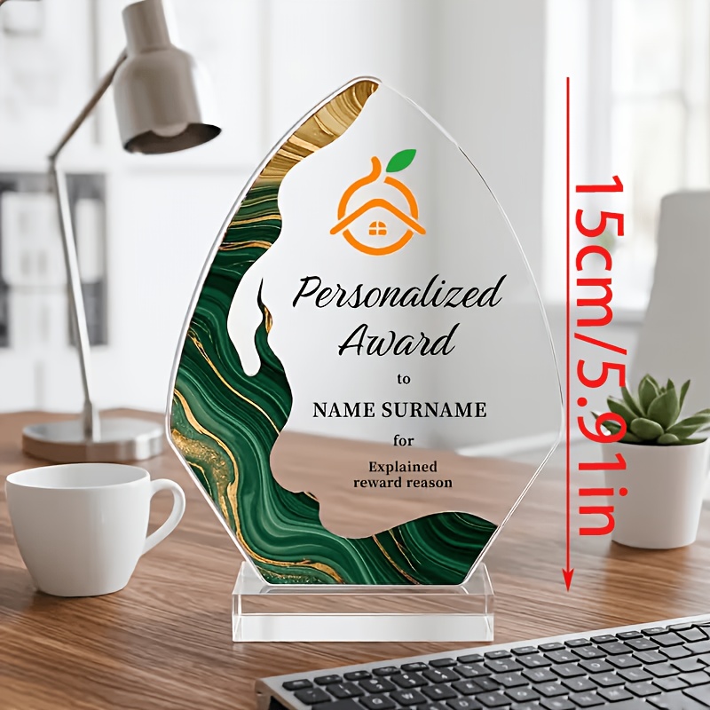 TEMU 2d Flat Gilded Fluid Acrylic Customized Trophy | Uv Single Sided Printing, Personalized Logo And Text Desktop Trophy, With Transparent Base