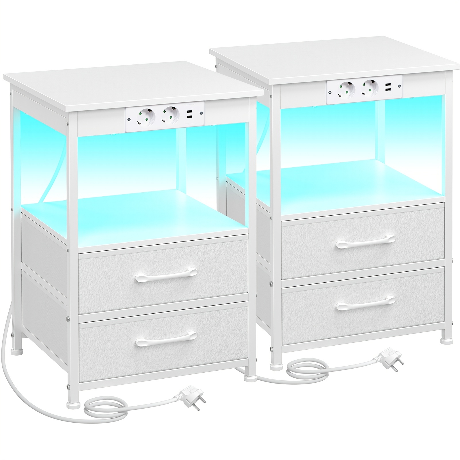Image of Amhancible 2pcs Bedside Table Set With Charging Station, Led Light, And 2 Fabric Drawers. Sturdy, Durable, Stylish, And Suitable For Bedrooms And Living Rooms.