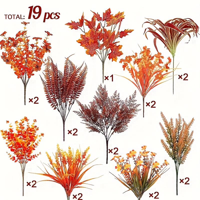 Image of 19 Bundles Of 10 Types Of Artificial Autumn Flowering Plants For Outdoor Autumn Decoration. Artificial Made Of Uv- Holly Wood With Leaves, Suitable For Thanksgiving Door Porch Boxes And Flower Pots.