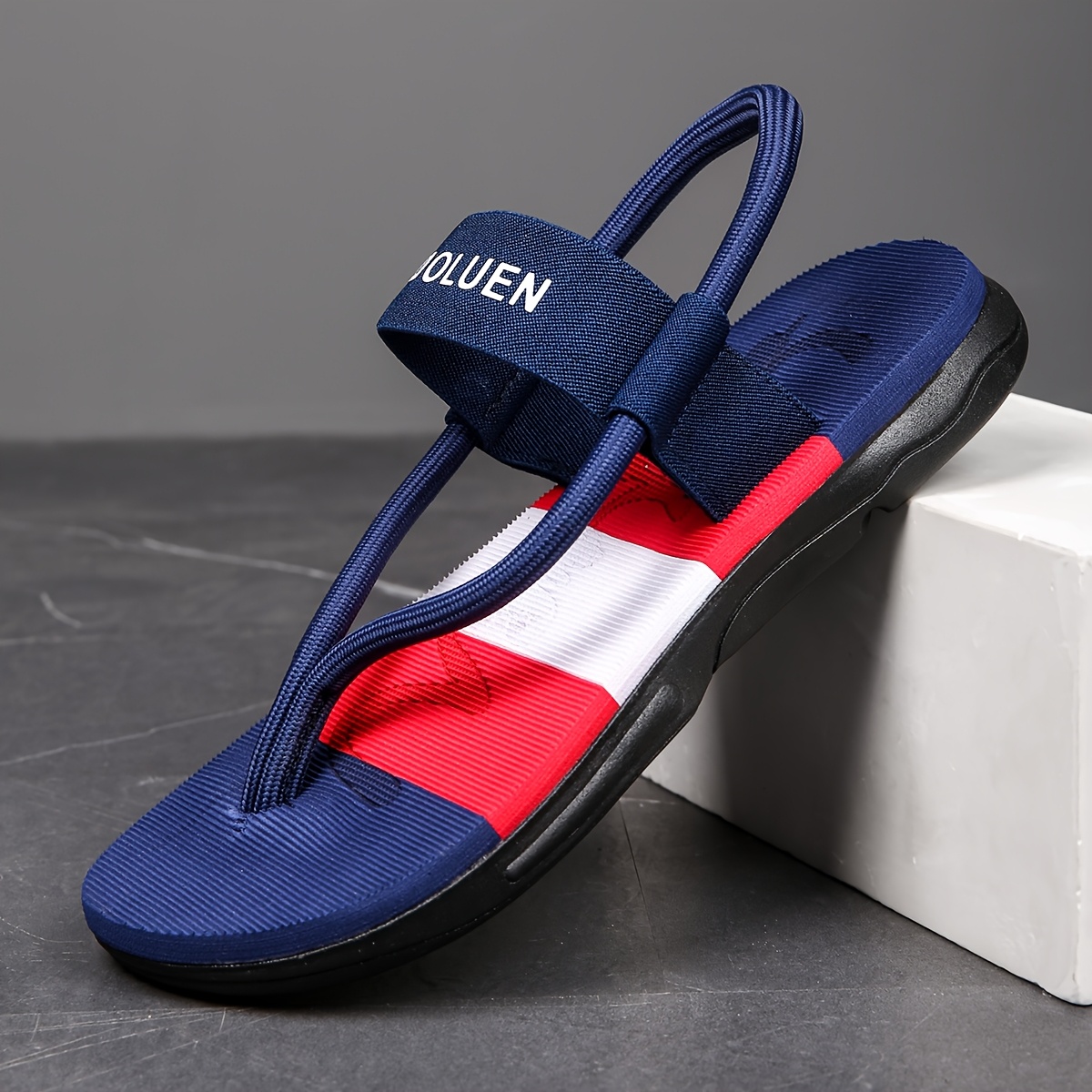 mens casual flip flops with   letter print striped design durable fabric upper non slip pvc sole comfortable eva insole   versatile for beach pool   beach accessories poolside footwear Product details 9