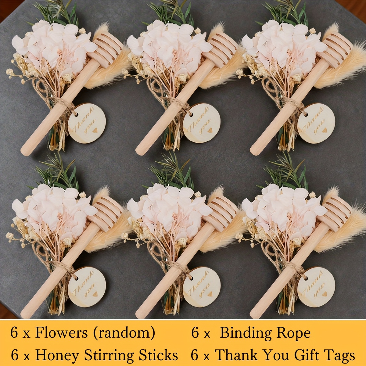 TEMU [customizable] 24pcs/6set Sticks Gift Set Includes: 4-inch Wooden Honey Scoops, Artificial Dried Flowers, Thank You Sign, Binding Rope,