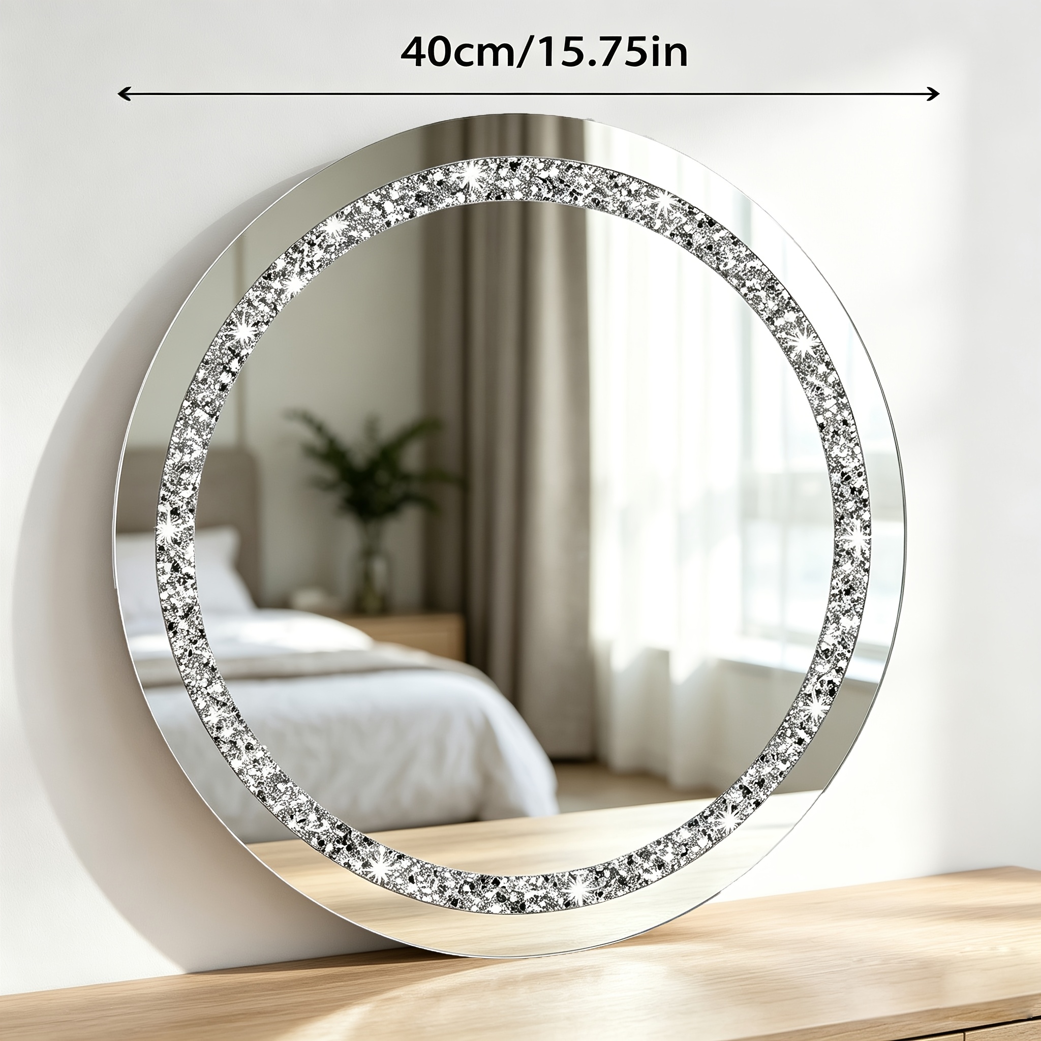 TEMU Espejo acrílico con de cristal y diamantes de , espejo adhesivo sin , lujoso y moderno, deslumbrante y radiante, se puede usar como bandeja,