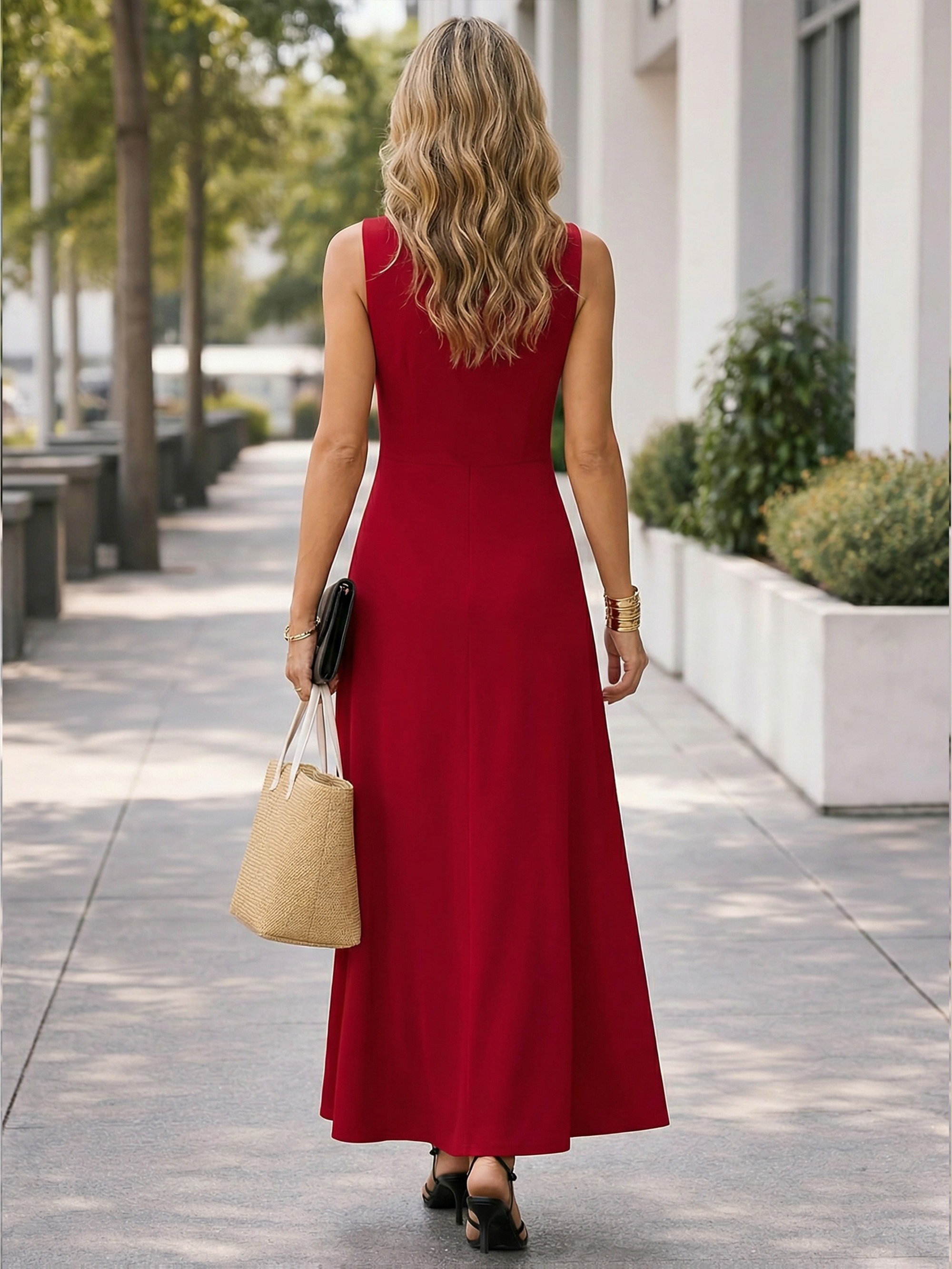 red sleeveless casual dress Gap Red Fit & Flare Retro Back Zip Sleeveless Midi Casual Dress Size L
